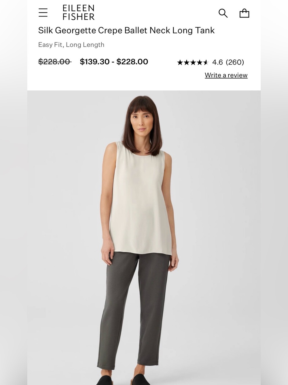 Eileen Fisher Cream Silk Georgette Ballet Neck Long Tank